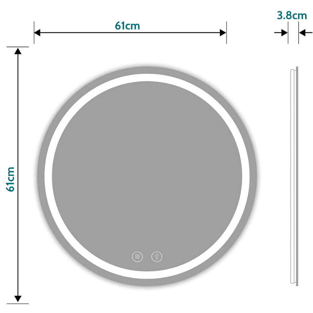 A round frameless backlit LED bathroom mirror above a basin