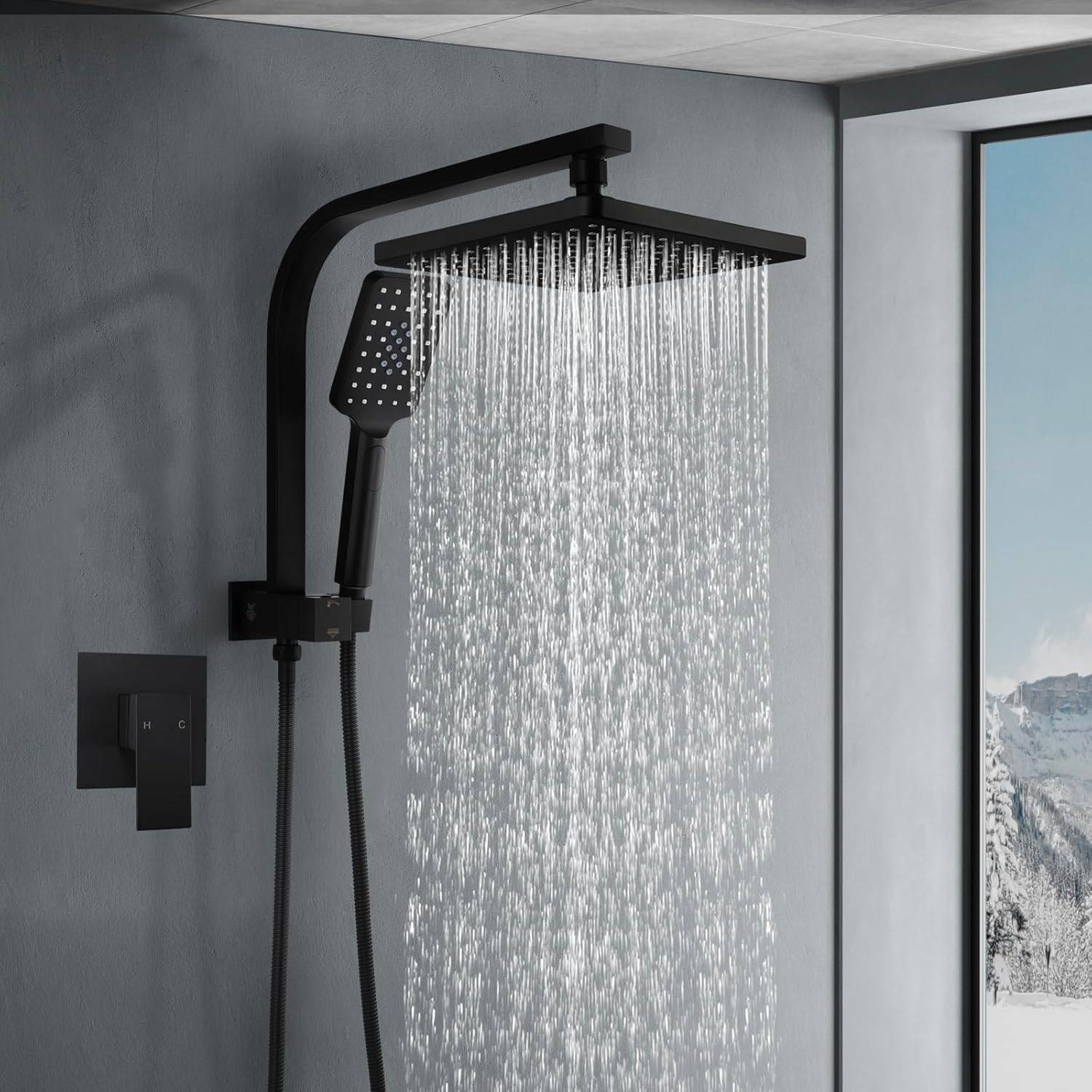 A matte black thermostatic shower set with a rain head and a handheld